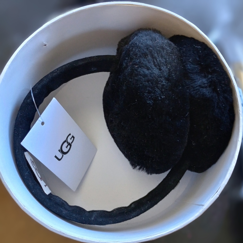 UGG- Black Shearling Fur Earmuffs with a Suede Leather Black Head strap